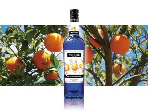 A bottle of Vedrenne blue curaçao liqueur standing in front of orange trees laden with ripe fruit