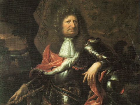 A 17th-century oil portrait of Frederick William, the "Great Elector" of Brandenburg, dressed in armor with a red cloak