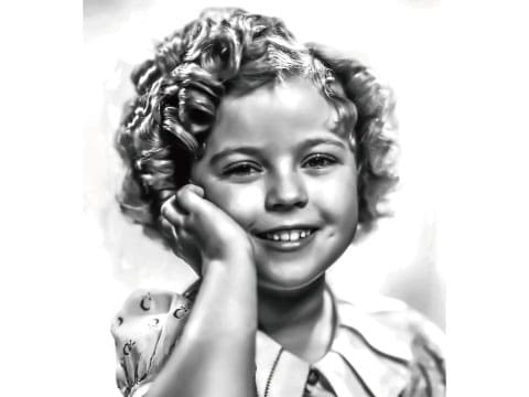 A black-and-white portrait of child actress Shirley Temple with curly hair, resting her hand against her cheek and smiling