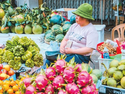 A Vietnamese fruit market stall piled with dragon fruit, pomelo, and other tropical produce, with a vendor seated among the fruit