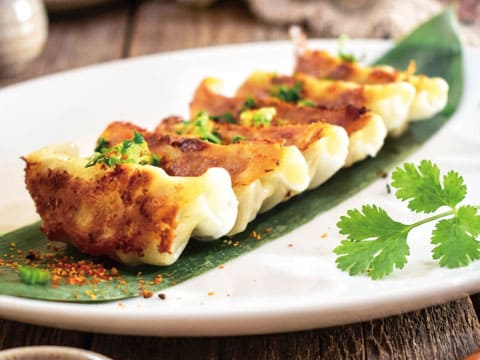 A row of golden pan-fried gyoza dumplings garnished with chopped scallions and cilantro, served on a bamboo leaf on a white plate