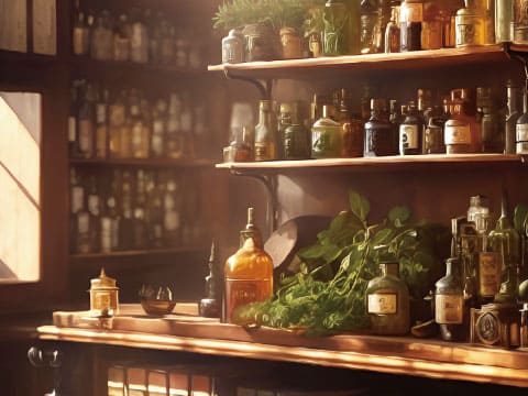 Wooden apothecary shelves lined with amber and green glass bottles and jars, with fresh green herbs on the counter in warm window light