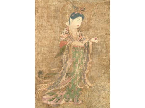 A historic Japanese painting of Kisshoten (Kichijoten), the goddess of fortune and beauty, depicted in elaborate flowing robes and holding a jewel, from Yakushi-ji Temple