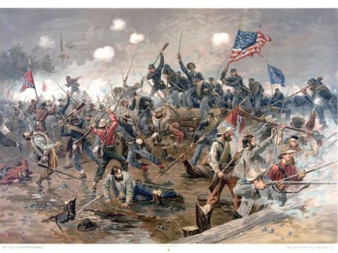 Historical lithograph of the Battle of Spotsylvania during the American Civil War, showing Union and Confederate soldiers clashing under their flags