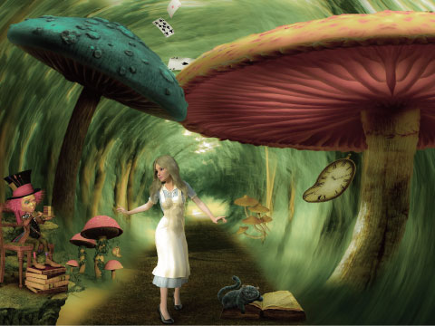 Fantasy illustration inspired by Alice's Adventures in Wonderland, showing a girl in a white dress walking through a forest of giant mushrooms with flying playing cards, a melting pocket watch, a hatter at a tea table and a grinning cat