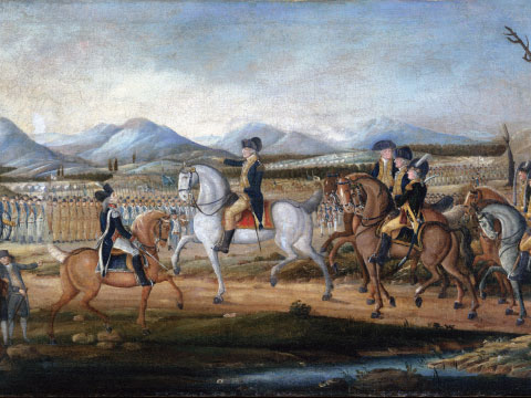 Historical painting of George Washington on a white horse reviewing troops gathered to suppress the Whiskey Rebellion of 1794