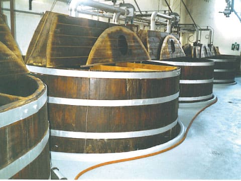 Row of large wooden washbacks with lids in a whisky distillery's tun room, where wort is fermented with yeast into wash before distillation