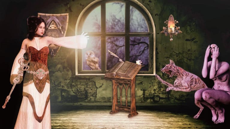 A fantasy illustration of a sorceress casting a glowing spell toward a cowering demon figure and a snarling creature, in a dim gothic room with an owl at the window