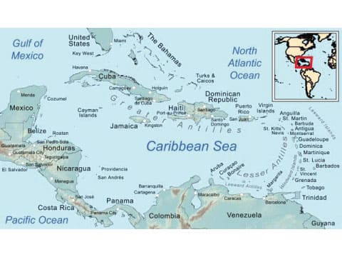 Map of the Caribbean Sea showing the West Indies, including Cuba, Jamaica, Haiti, the Dominican Republic, Puerto Rico and the Greater and Lesser Antilles, bordered by Mexico, Central America and northern South America
