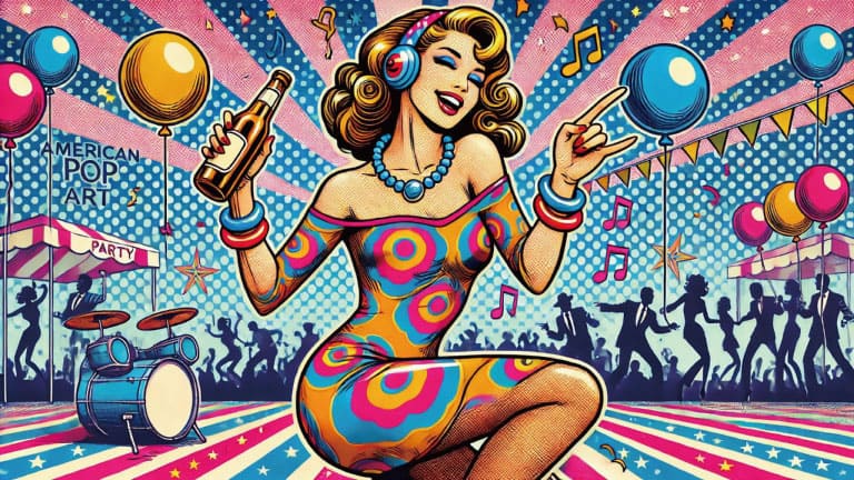 Retro American pop art illustration of a smiling woman in headphones dancing with a beer bottle, surrounded by balloons, music notes and a lively party crowd