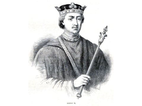 Black-and-white engraved portrait of King Henry II of England wearing a crown and holding a scepter