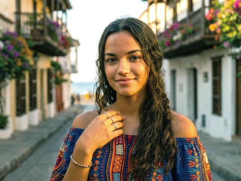 AI-generated illustration of a smiling young woman with long wavy dark hair in a colorful embroidered off-shoulder top, standing on a sunny colonial street lined with flower-filled balconies