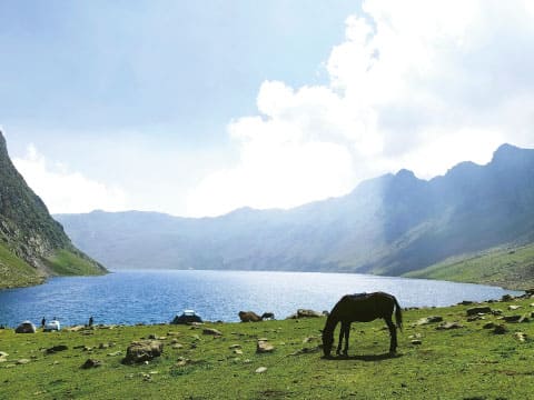 A horse grazing on a green meadow beside a deep blue mountain lake, surrounded by steep slopes under a bright, cloudy sky, evoking wide-open highland scenery