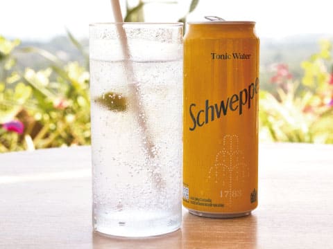 Can of Schweppes Tonic Water beside a tall glass of sparkling tonic with ice, lime and a straw on an outdoor table