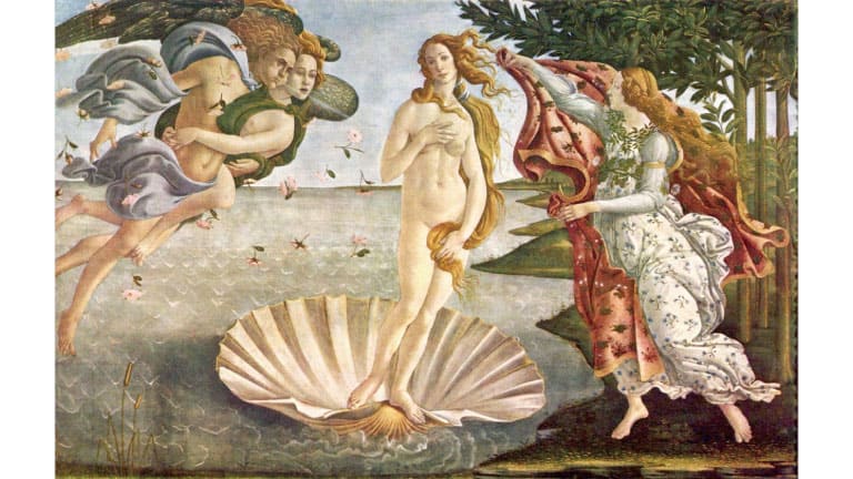 Sandro Botticelli's painting The Birth of Venus, showing the goddess Venus, known as Aphrodite in Greek mythology, standing on a seashell as she arrives at the shore