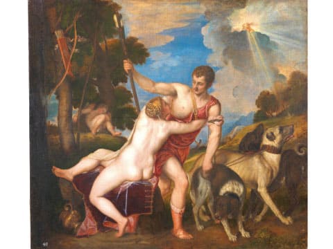 Titian's painting "Venus and Adonis," showing Venus embracing Adonis to hold him back as he sets off on a hunt with his spear and hunting dogs, the Greek myth behind the Adonis cocktail's name