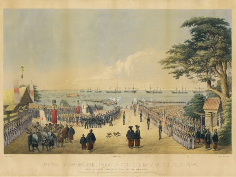 Historical lithograph by Wilhelm Heine showing Commodore Perry and American sailors landing at Yokohama, Japan, to meet Japanese officials, with the U.S. fleet anchored in the bay
