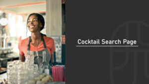 A smiling bartender wearing an apron standing behind a bar with glasses and bottles, next to text reading "Cocktail Search Page"