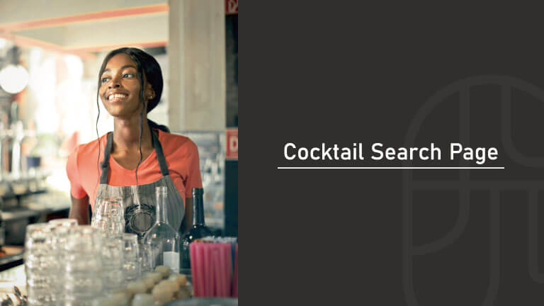 A smiling bartender wearing an apron standing behind a bar with glasses and bottles, next to text reading "Cocktail Search Page"
