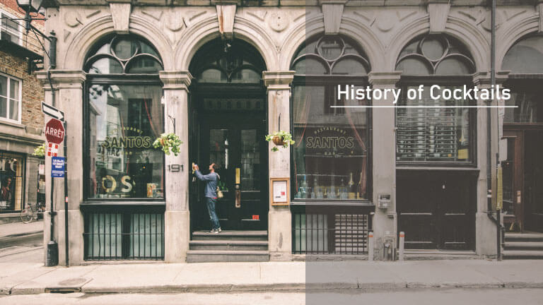 A historic storefront with arched windows and a "Santos" sign, next to text reading "History of Cocktails," representing the journey of cocktail history through time