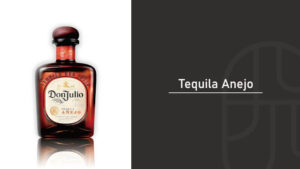 Bottle of Don Julio Añejo tequila displayed on the left, paired with a "Tequila Anejo" title graphic on a dark background