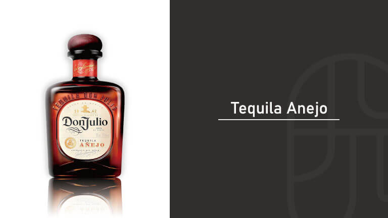 Bottle of Don Julio Añejo tequila displayed on the left, paired with a "Tequila Anejo" title graphic on a dark background