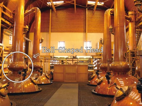 A ball-shaped head on a copper pot still at a whisky distillery, highlighted with a circle