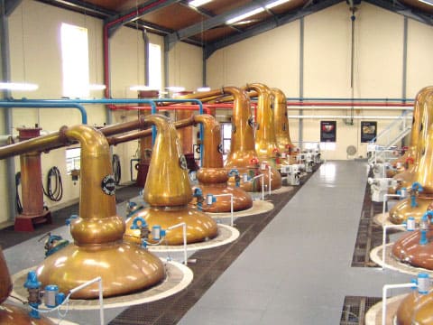 A row of compact copper pot stills with connecting line arms inside a whisky distillery