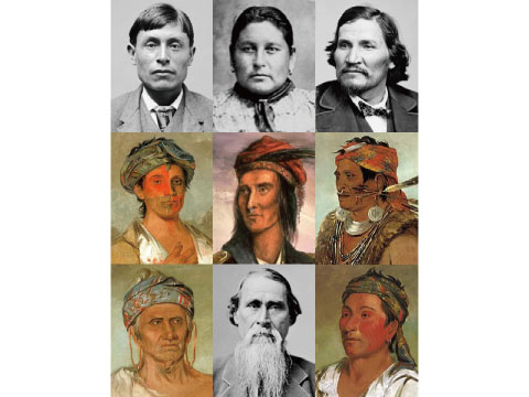 A nine-panel collage of historical photographs and paintings depicting Shawnee and other Algonquian-speaking Indigenous individuals from the 19th century