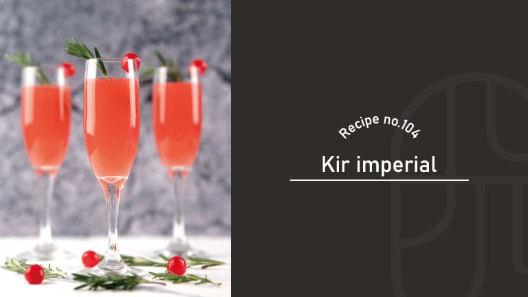 Three champagne flutes of coral-pink Kir Imperial garnished with rosemary sprigs and red cherries, on a gray stone backdrop, beside a "Recipe no.104 Kir imperial" title card