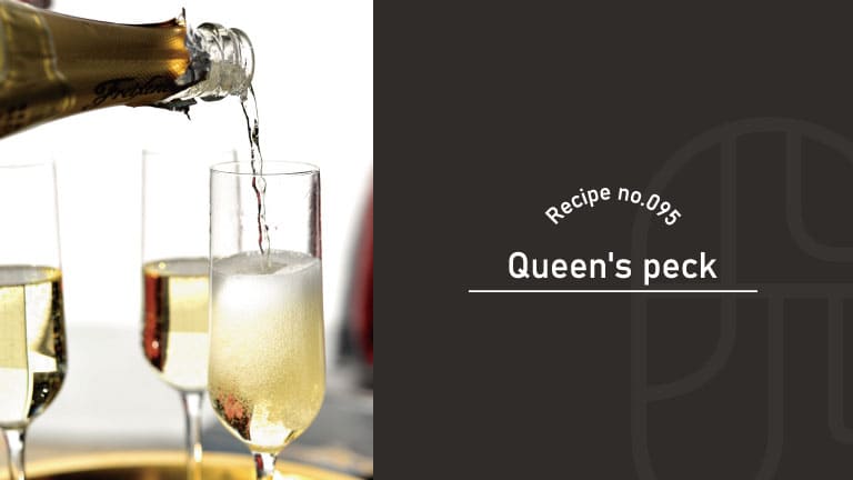 Sparkling wine being poured into a champagne flute alongside two other glasses of Queen's Peck cocktail on a table, beside a "Recipe no.095 Queen's peck" title card