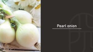 Three fresh white pearl onions with green stems tied together, resting near white daisy flowers, beside a "Pearl onion" title card
